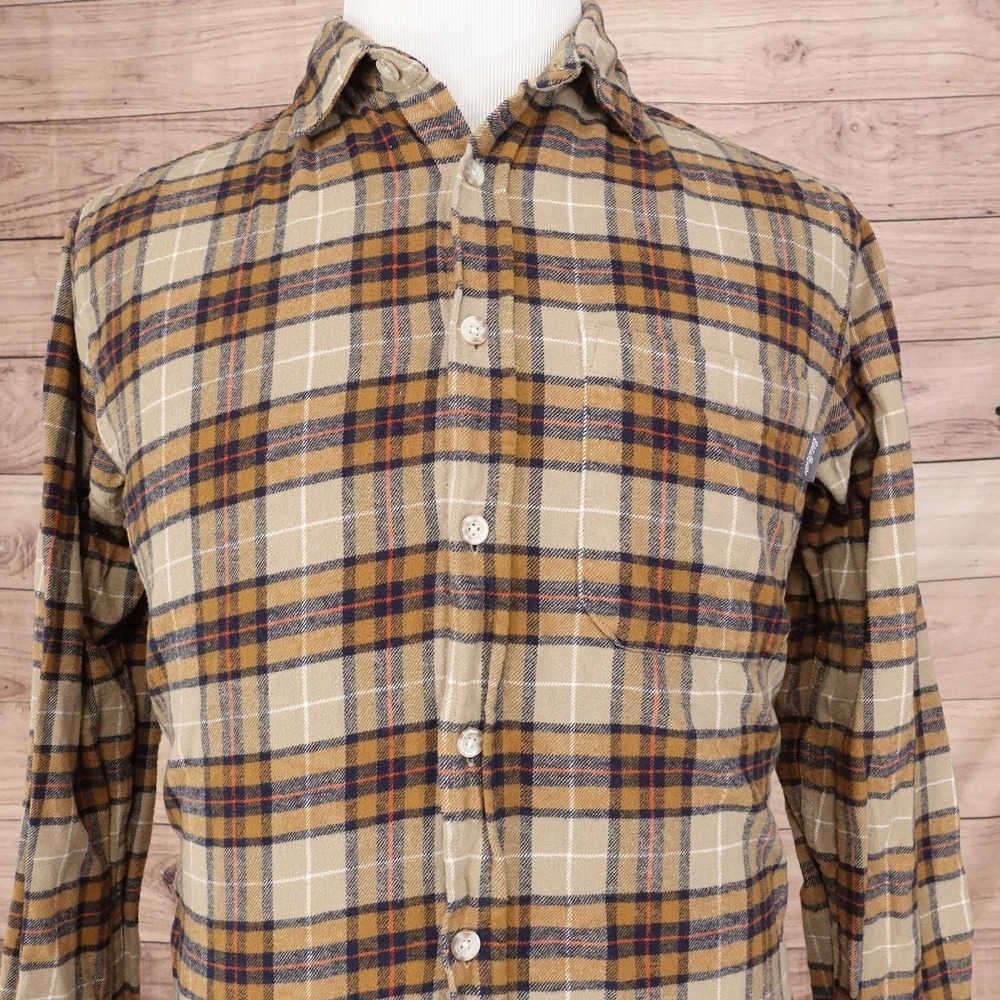 Eddie Bauer Shirt Mens Medium Brown Tan Plaid Flannel Button Up Pocket Casual